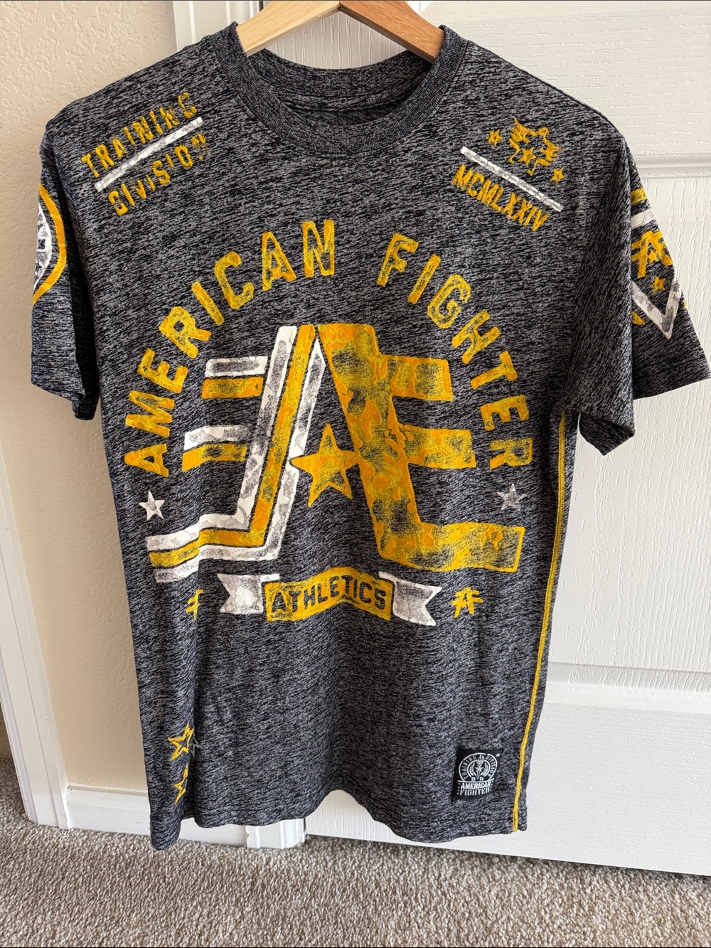 American Fighter Heather Charcoal Short-Sleeve Graphic Tee with Yellow Accent